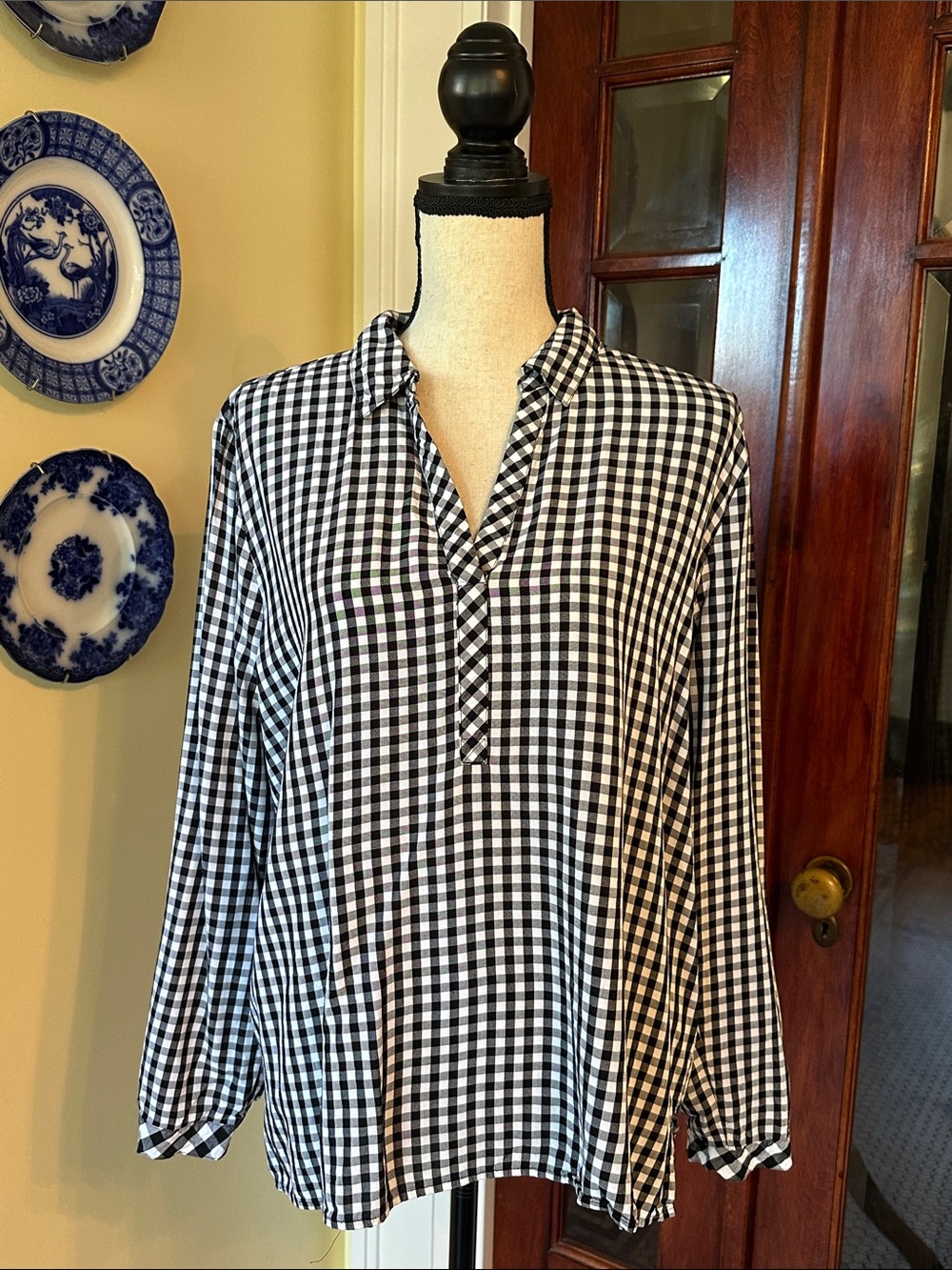 J. Jill | Black & White Gingham Plaid Popover Blouse, Size L